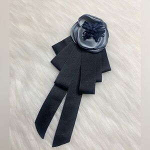 Camellia Flower Brooch Pin Gray Black Ribbon Bow New Handmade